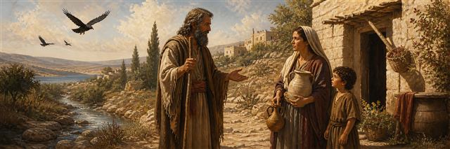 Elijah speaking with the widow of Zarephath as she holds flour and oil beside her son